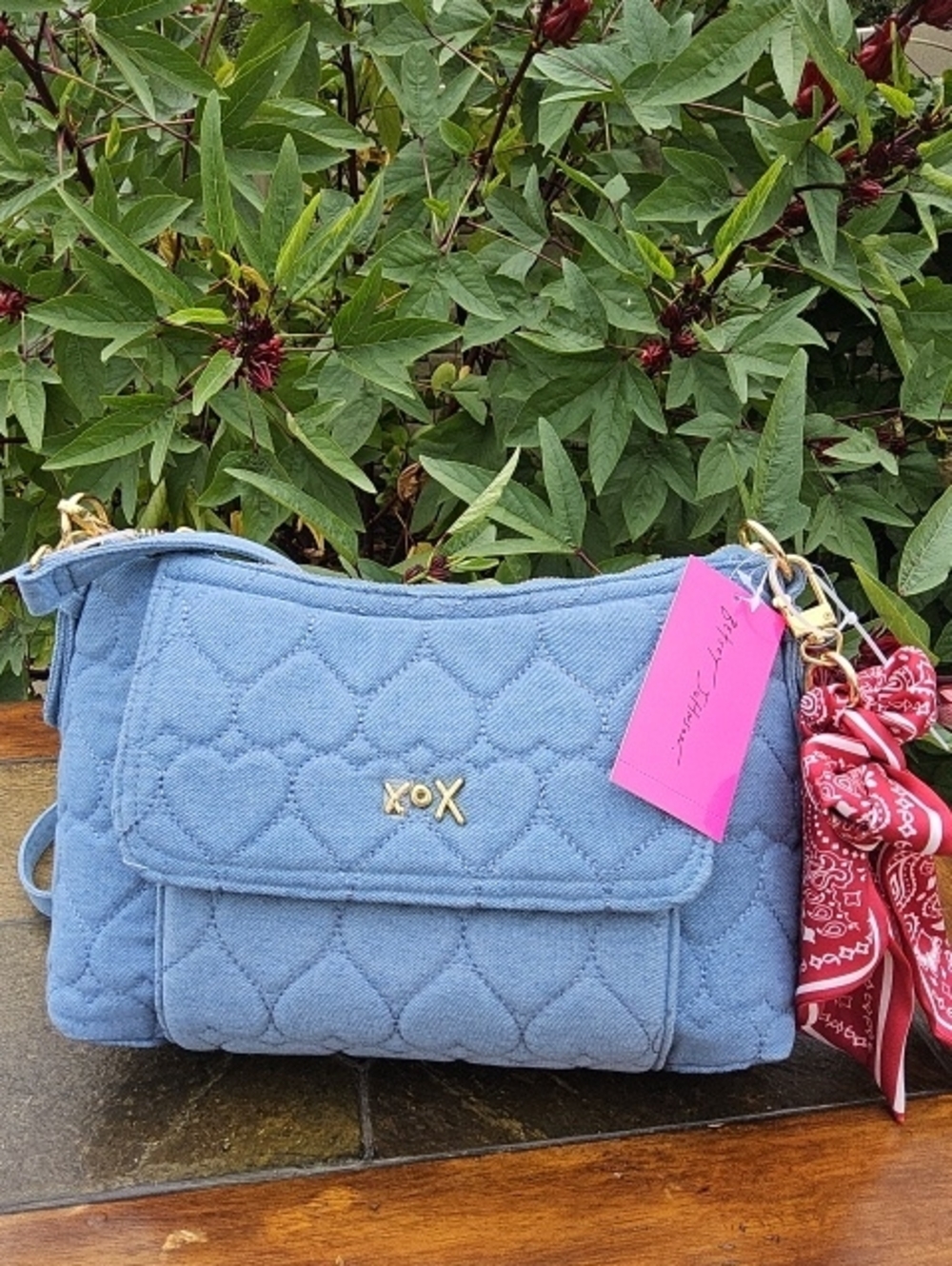 NWT-Betsey Johnson Denim Quilted Blue Shoulder Bag with Gold Hardware